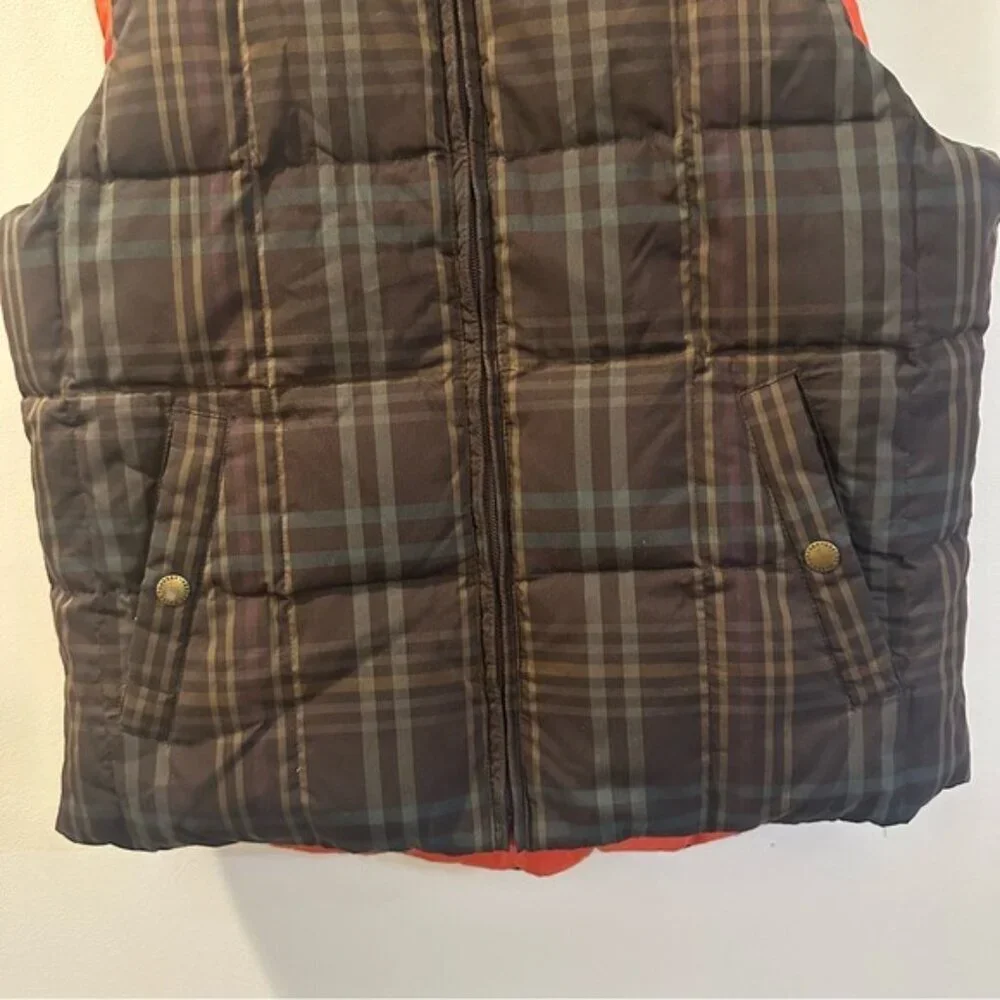 Ralph Lauren Reversible Puffer Vest Jacket Orange Brown Check Medium Cabincore